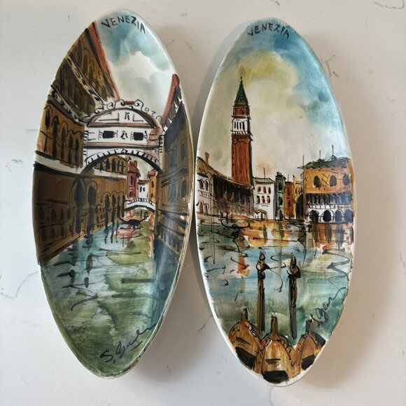 Art Plates Other - Venice Grand Canal- 2 Hand Painted Rolled Ceramic Slab Wall Hangings, Signed